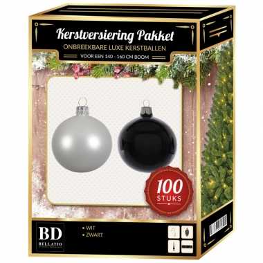 100 stuks kerstballen mix wit-zwart voor 150 cm boom