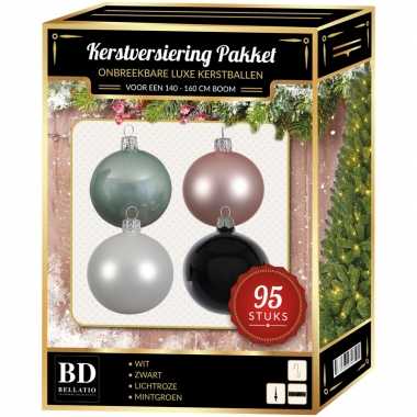 95 stuks kerstballen mix wit-roze-mint-zwart voor 150 cm boom