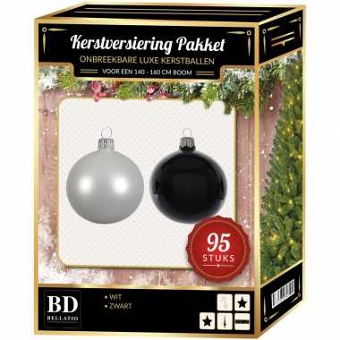95 stuks kerstballen mix wit-zwart voor 150 cm boom