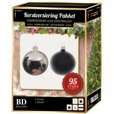 95 stuks kerstballen mix zilver-zwart voor 150 cm boom
