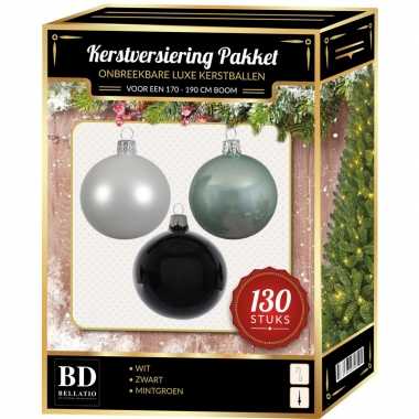 Kerstbal en piek set 130x wit-mintgroen-zwart voor 180 cm boom