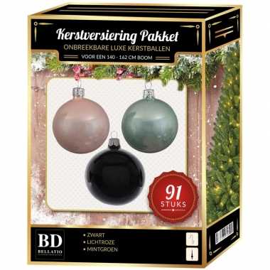 Kerstbal en piek set 91x wit-mint-zwart voor 150 cm boom