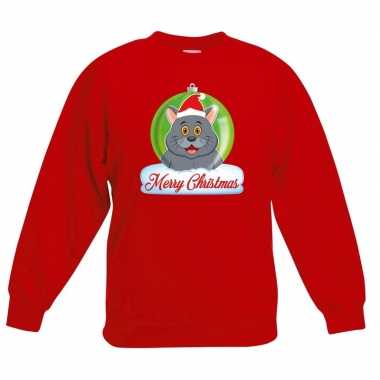 Kersttrui merry christmas grijze kat / poes kerstbal zwart kinde