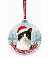 Fout kerstkado dieren kerstbal 7 cm kat poes zwart wit